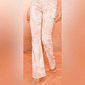 Pale Pink Floral Print Stretch Woven Straight Leg Pants